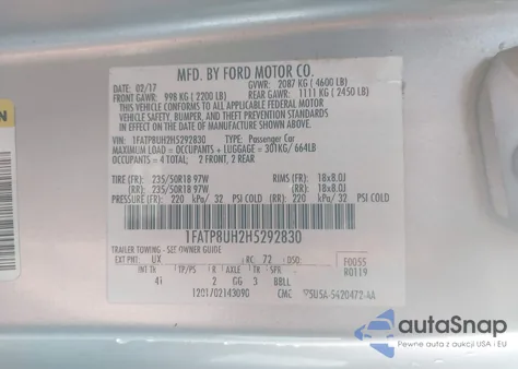 2017 Ford Mustang Ecoboost Premium z USA, uszkodzony, nr VIN 1FATP8UH2H5292830